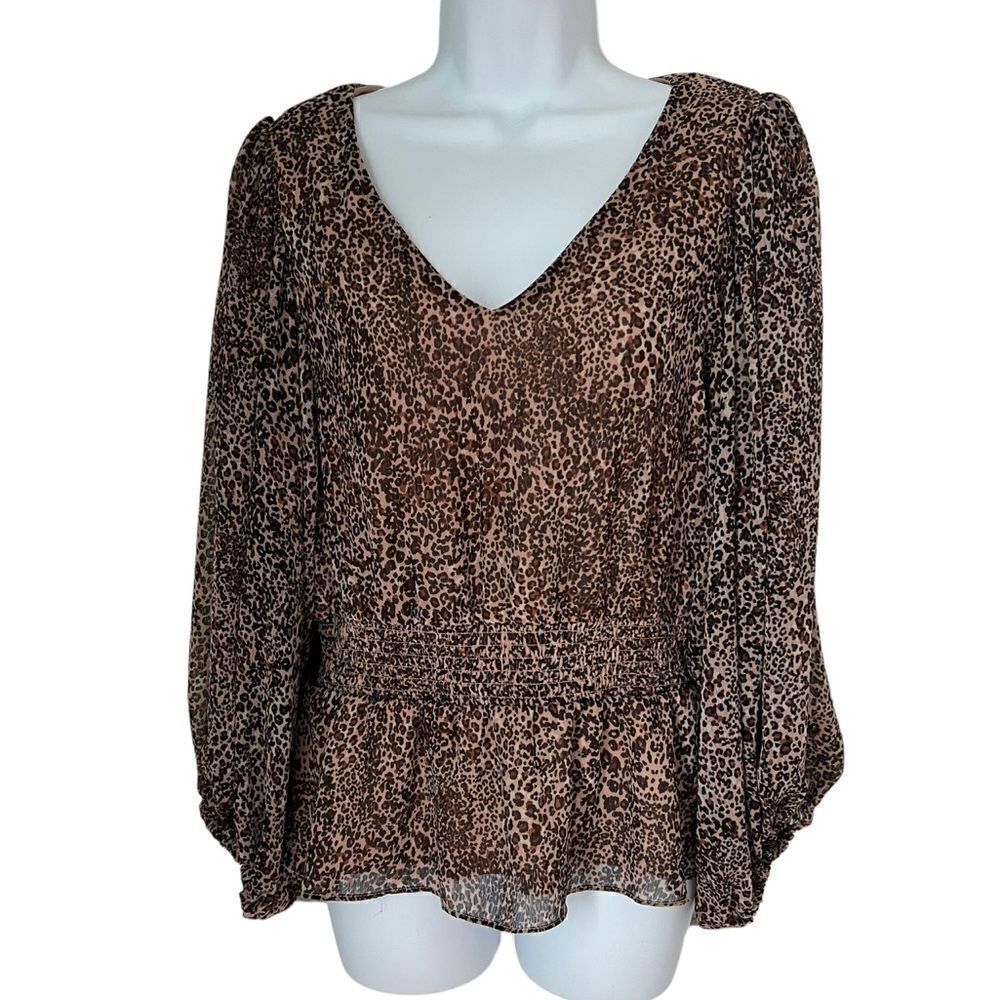 1.State Leopard Print Smocked Waist Blouse Top sz M